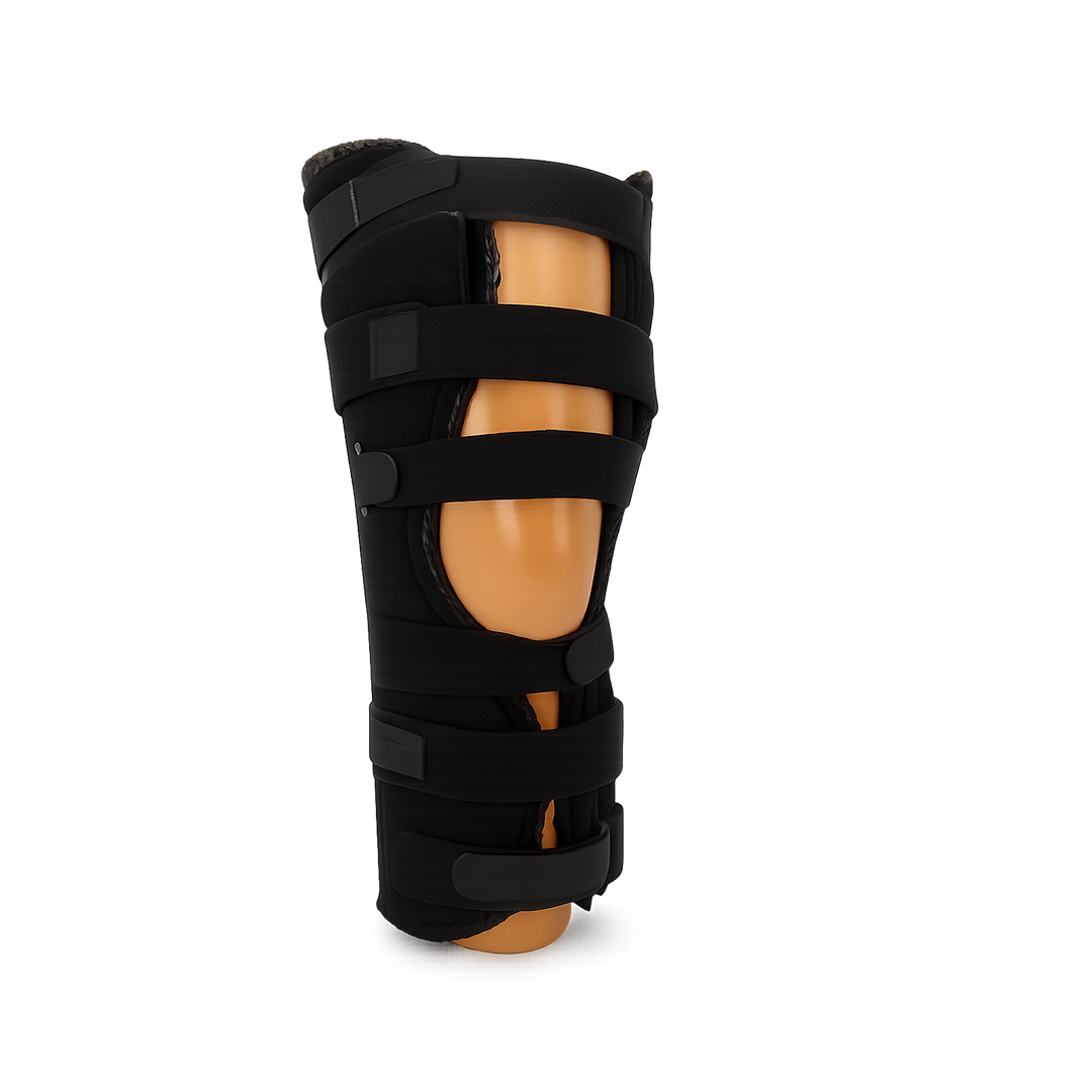 Black RCAI knee immobilizer with adjustable wide straps and breathable padding on a display leg, made in the USA, best.