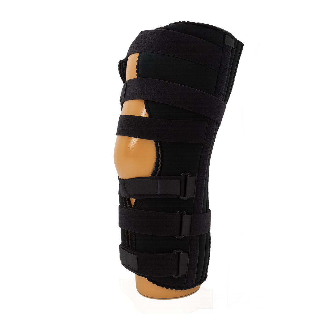 Black RCAI knee immobilizer with adjustable straps and breathable fabric on mannequin leg, made in the USA, best orthopedic.