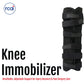 Black RCAI knee immobilizer with six adjustable hook-and-loop straps, breathable material, and padded edges for comfort,.