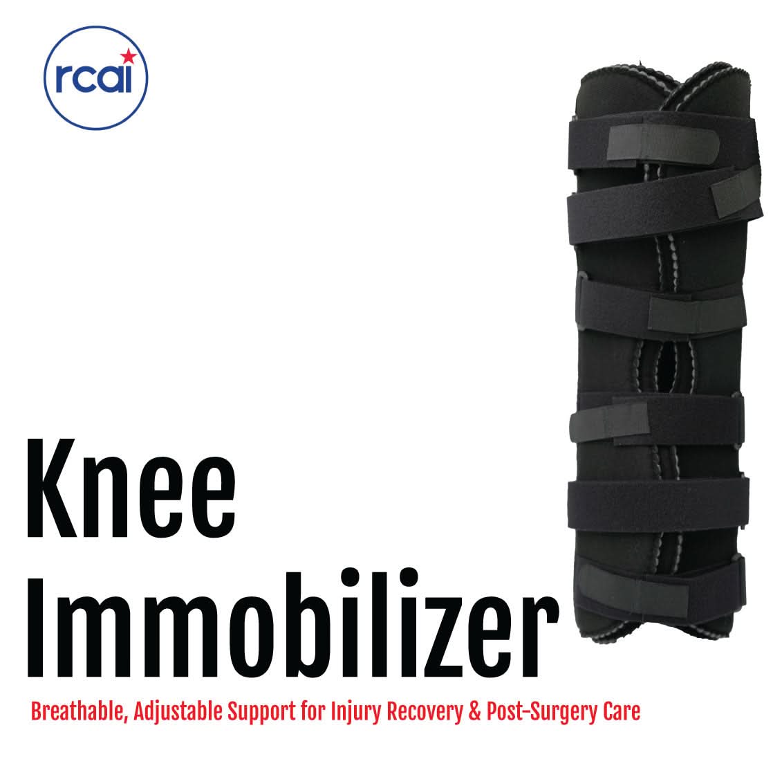 Black RCAI knee immobilizer with six adjustable hook-and-loop straps, breathable material, and padded edges for comfort,.