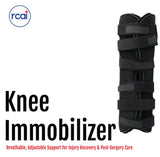 Black breathable knee immobilizer with five adjustable straps and cushioned padding, branded RCAI made in the USA, best.