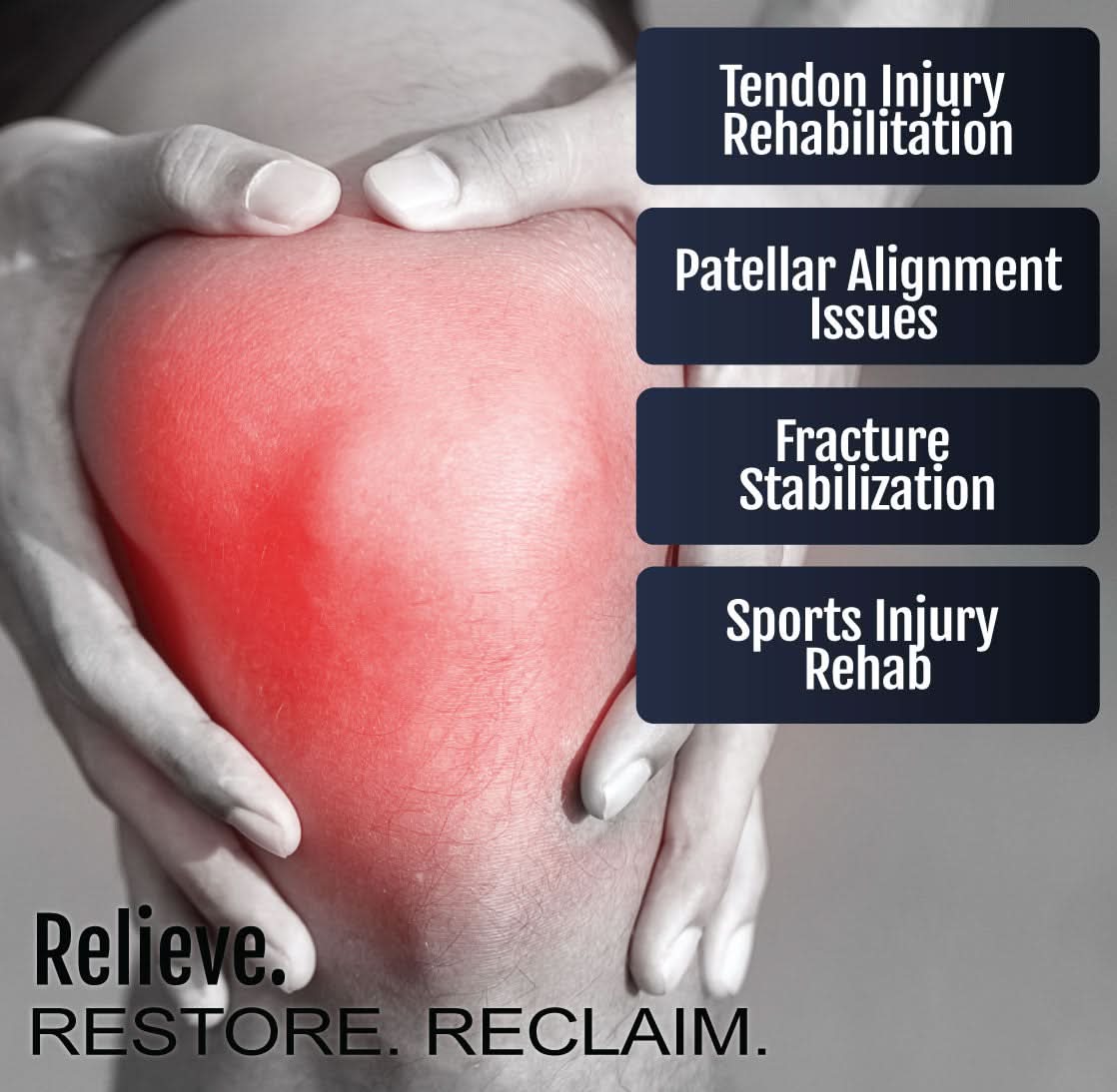Knee highlighted in red signaling pain with text describing tendon injury, patellar alignment, fracture stabilization, and.