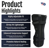 Black RCAI knee immobilizer with adjustable tri-panel design, breathable padding, and multiple hook-and-loop straps, made in .