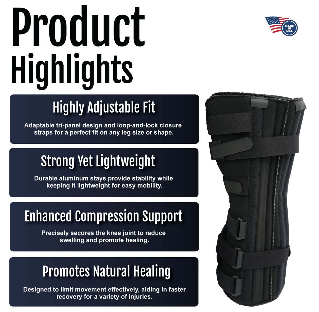 Black RCAI knee immobilizer with multiple adjustable velcro straps and padded support, breathable fabric design, made in the .