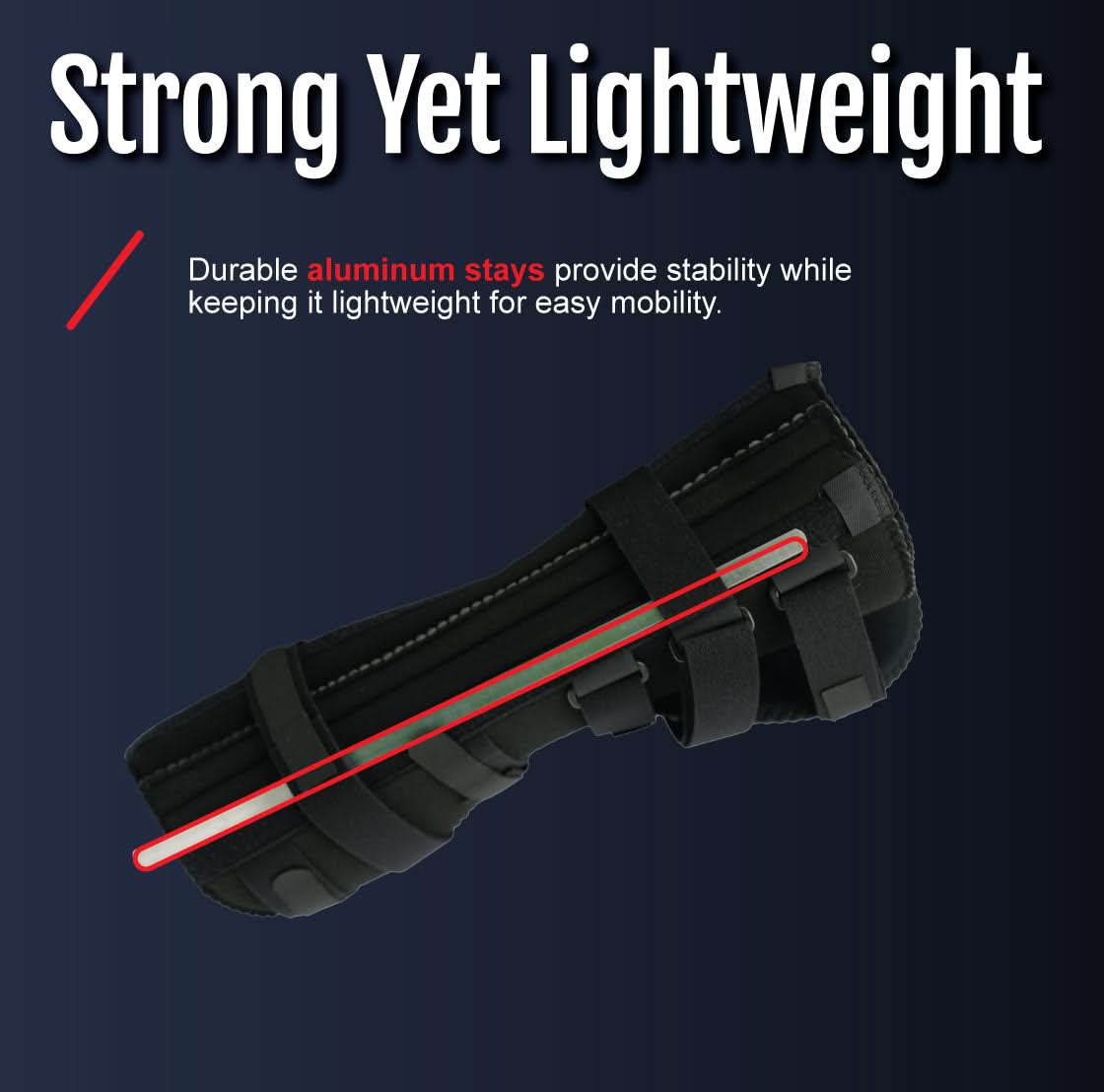 Black RCAI knee immobilizer with adjustable breathable straps, open patella design, stitched edges, made in the USA, best.