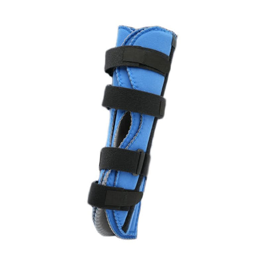 Blue pediatric knee immobilizer with black adjustable Velcro straps, contoured padding, made in the USA, best orthopedic.