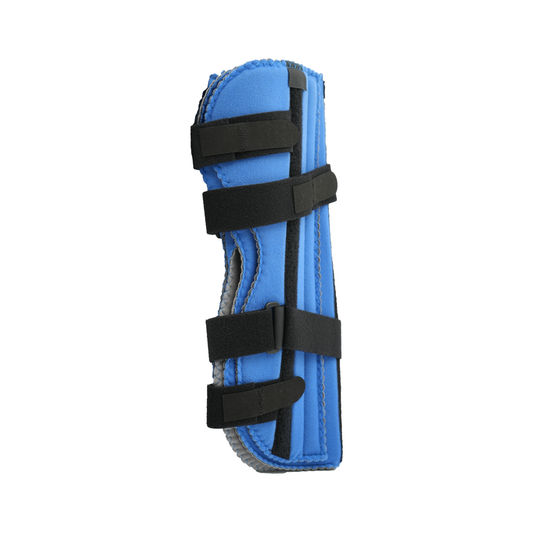 Blue pediatric knee immobilizer with black adjustable straps, soft padding, and sturdy support, made in the USA, RCAI, ideal .