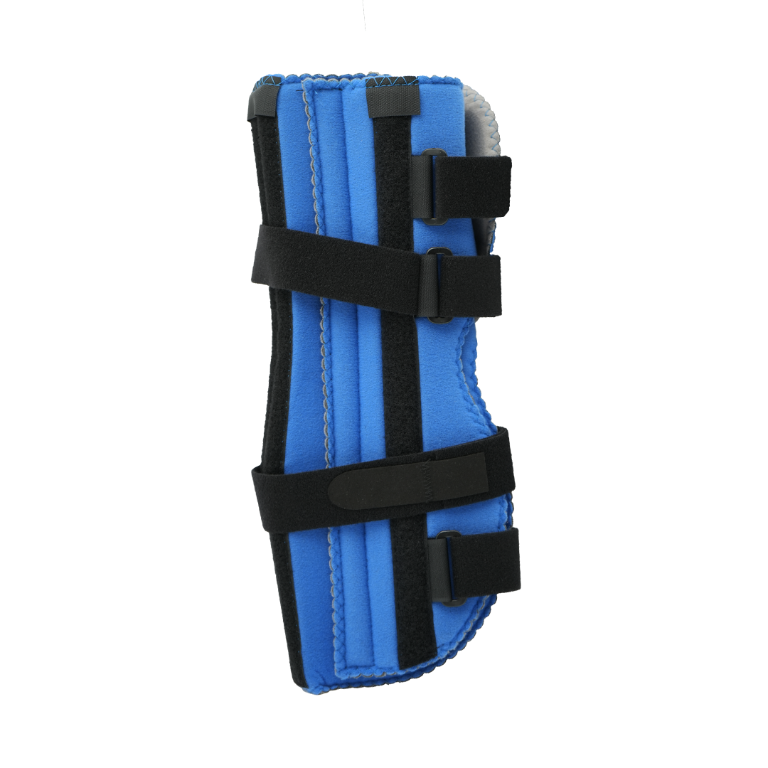 Pediatric knee immobilizer in blue with black adjustable straps and metal supports, made in the USA, RCAI best orthopedic.