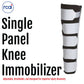 White knee immobilizer with three black adjustable straps and Velcro closures, featuring breathable fabric; made in the USA, .