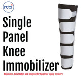 White knee immobilizer with three black adjustable straps and Velcro closures, featuring breathable fabric; made in the USA, .