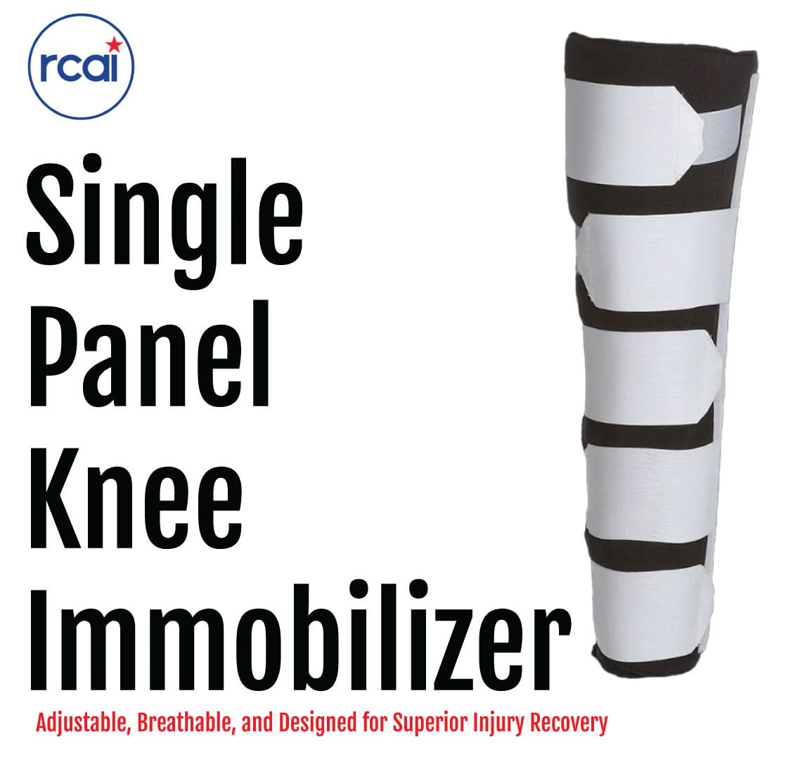 White knee immobilizer with three black adjustable straps and Velcro closures, featuring breathable fabric; made in the USA, .