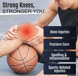 Athlete wearing black knee immobilizer brace holding basketball with knee pain highlighted, showcasing RCAI made in the USA.