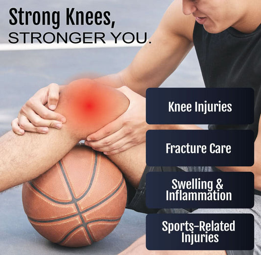 Athletic man holding knee with red highlight over joint, overlay text lists knee injuries, fracture care, swelling,.