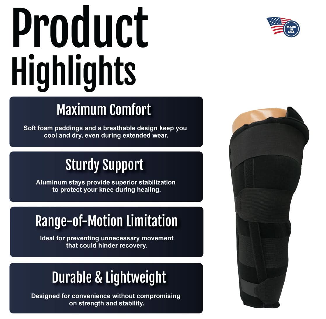 RCAI knee immobilizer product highlights text with maximum comfort, sturdy support, range-of-motion limitation, durable.
