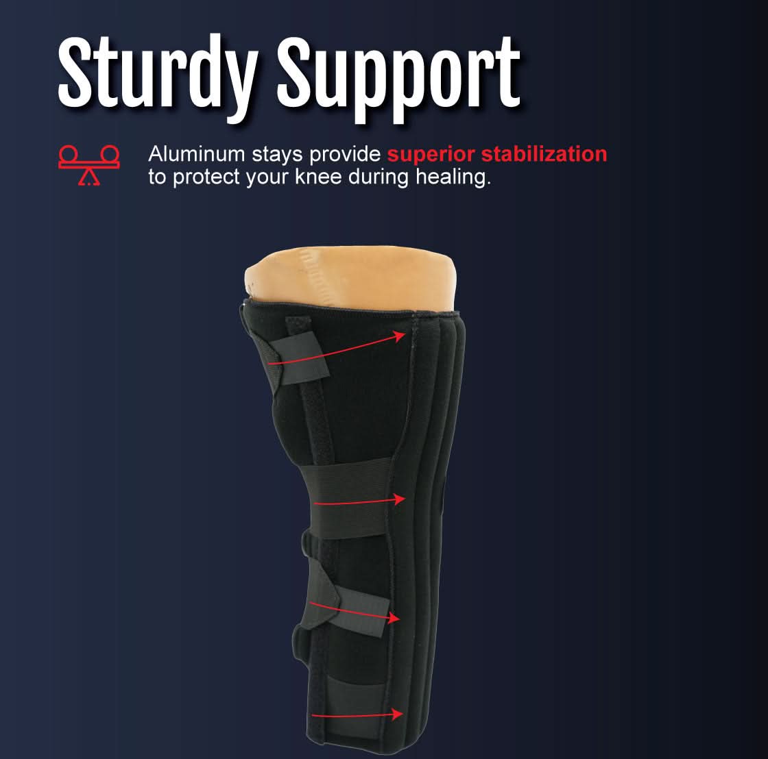 Black RCAI knee immobilizer with adjustable Velcro straps and aluminum stays for sturdy support, made in the USA, ideal for.