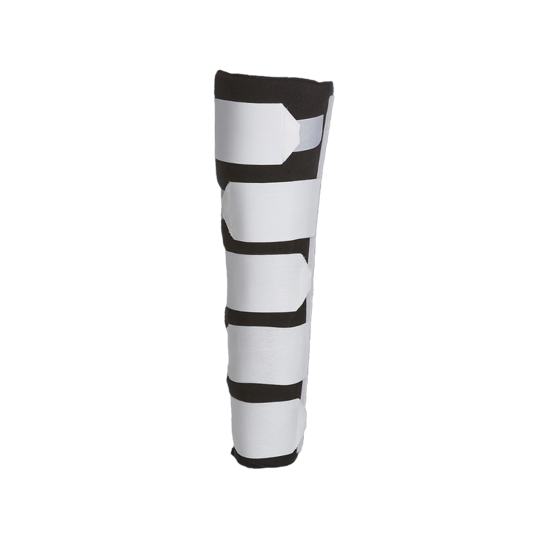 White RCAI single panel knee immobilizer with five adjustable black straps and Velcro closures, made in the USA, part of.
