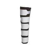 White RCAI single panel knee immobilizer with four adjustable black straps, designed for comfortable post-surgery support,.