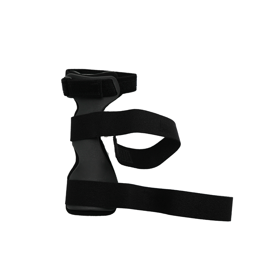 Black RCAI wrist drop orthosis with adjustable universal cuff straps, sleek ergonomic design, made in the USA, b2b.