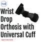 Black RCAI wrist drop orthosis with adjustable universal cuff strap, labeled for right wrist, made in the USA, promoting.