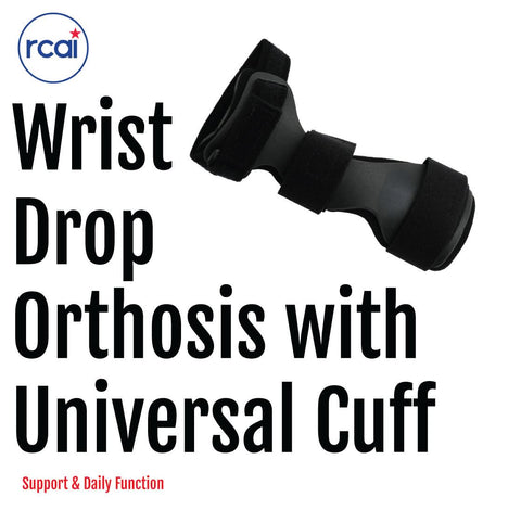 Black RCAI wrist drop orthosis with padded universal cuff and adjustable straps, made in the USA, best orthopedic braces for .