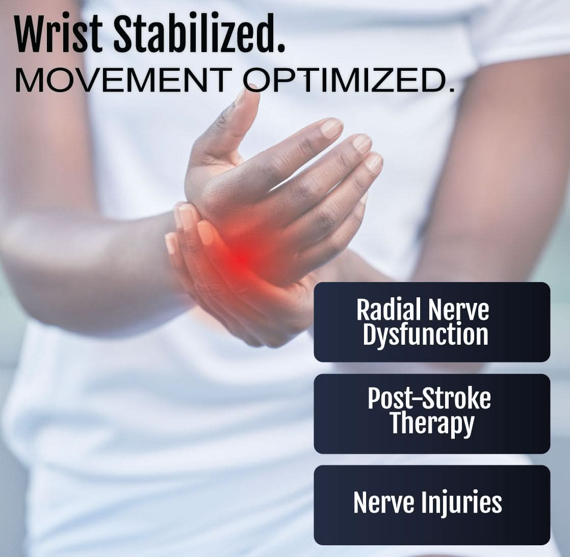 Person wearing a beige RCAI wrist drop orthosis with universal cuff on right hand, highlighting wrist support area in red,.
