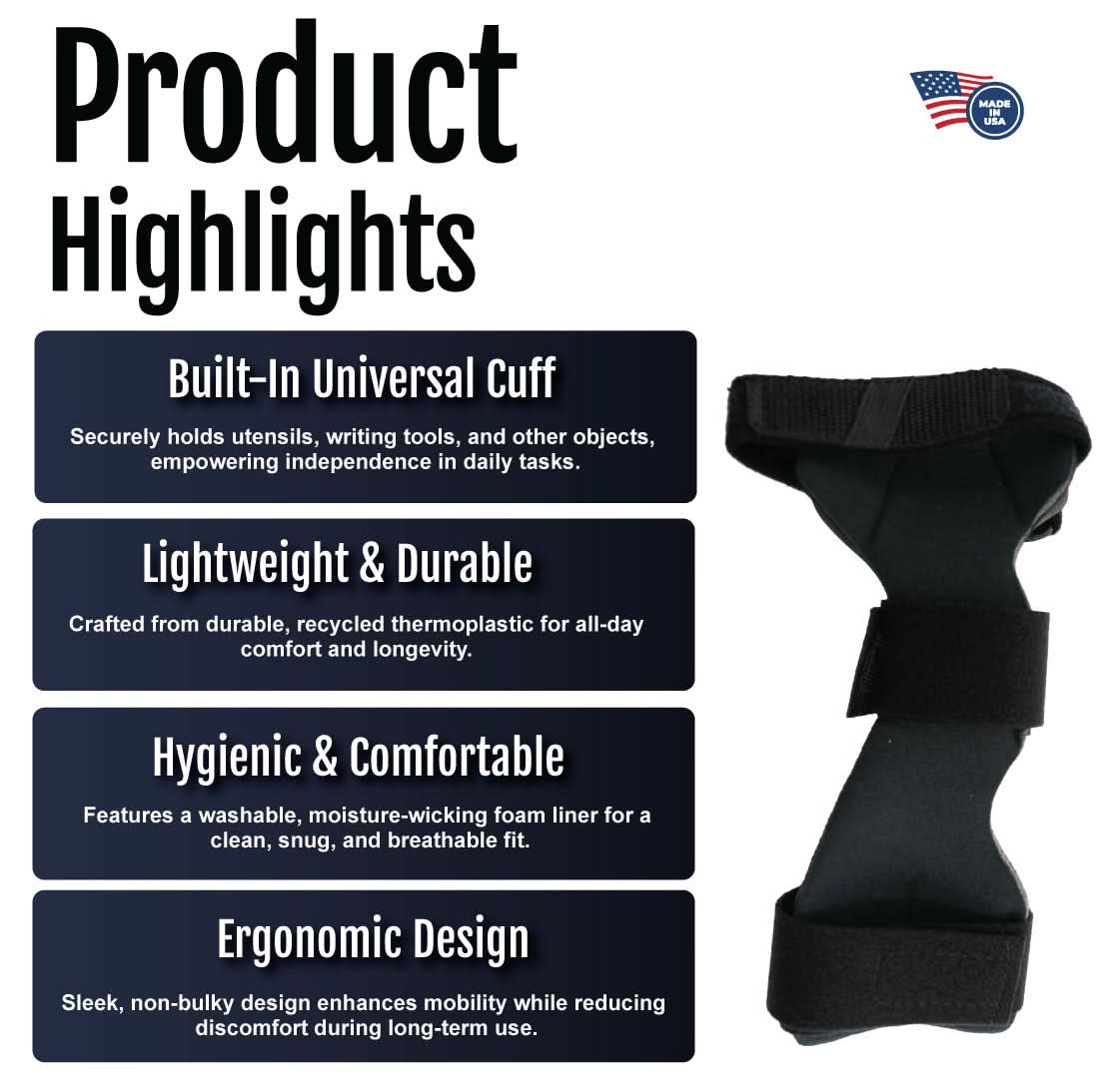 Black RCAI wrist drop orthosis with built-in universal cuff, lightweight, ergonomic design, made in the USA, best orthopedic .