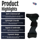 Black RCAI wrist drop orthosis with built-in universal cuff, lightweight, ergonomic design, made in the USA, best orthopedic .