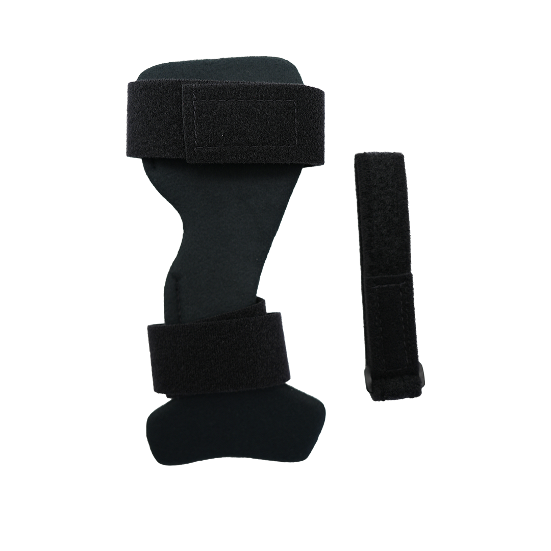 Black wrist drop orthosis made of rigid material with two wide adjustable velcro straps and an additional narrow black.