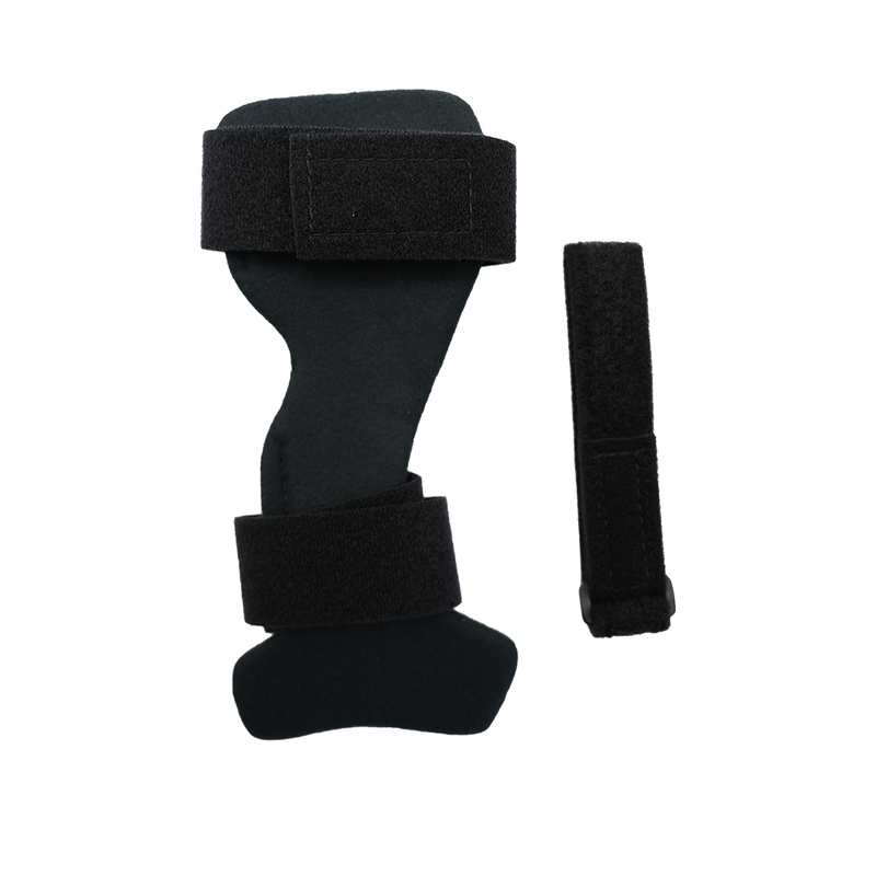 Black wrist drop orthosis made of rigid material with two wide adjustable velcro straps and an additional narrow black.