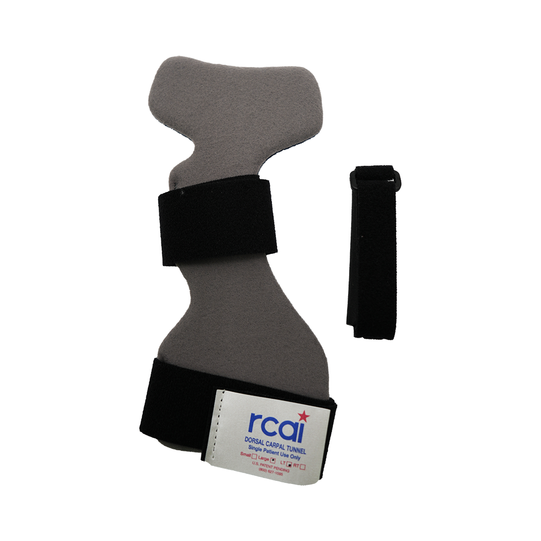 Gray contoured dorsal carpal tunnel splint with two black adjustable straps and white RCAI label, made in the USA, best.