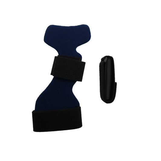 Navy blue dorsal carpal tunnel splint with black adjustable straps and detachable black foam accessory, made in the USA,.