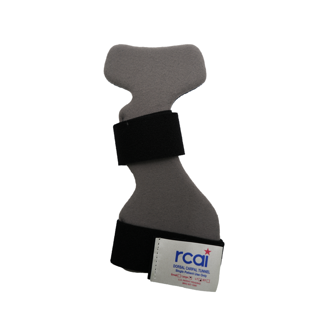 Gray dorsal carpal tunnel splint with contoured shape and two black adjustable straps, labeled rcai, made in the USA, ideal.