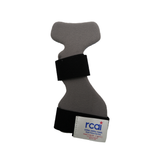 Gray dorsal carpal tunnel splint with contoured shape and two black adjustable straps, labeled rca made in the usa, best.
