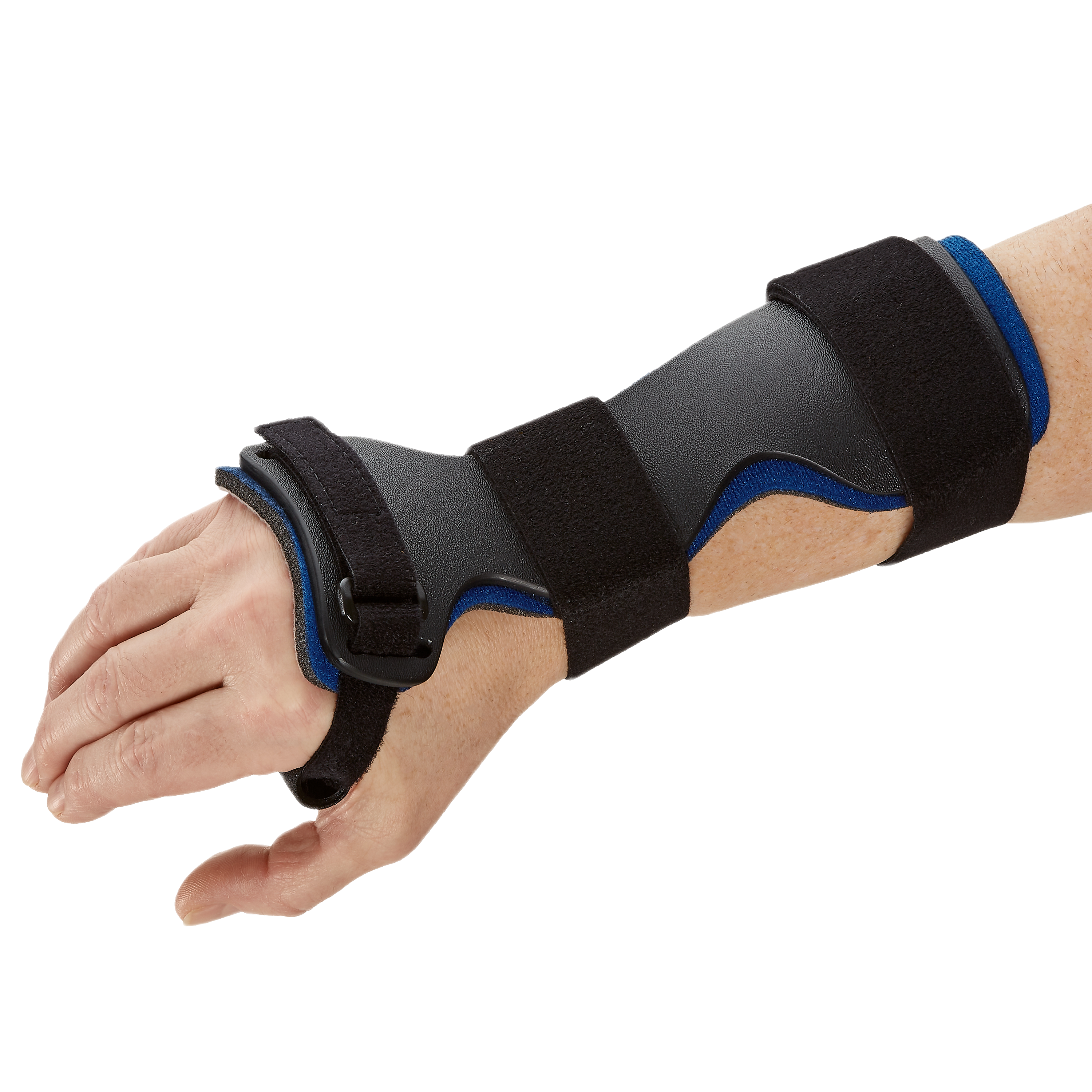 RCAI dorsal carpal tunnel splint in black and blue with adjustable Velcro straps, worn on left hand, made in the USA, best.