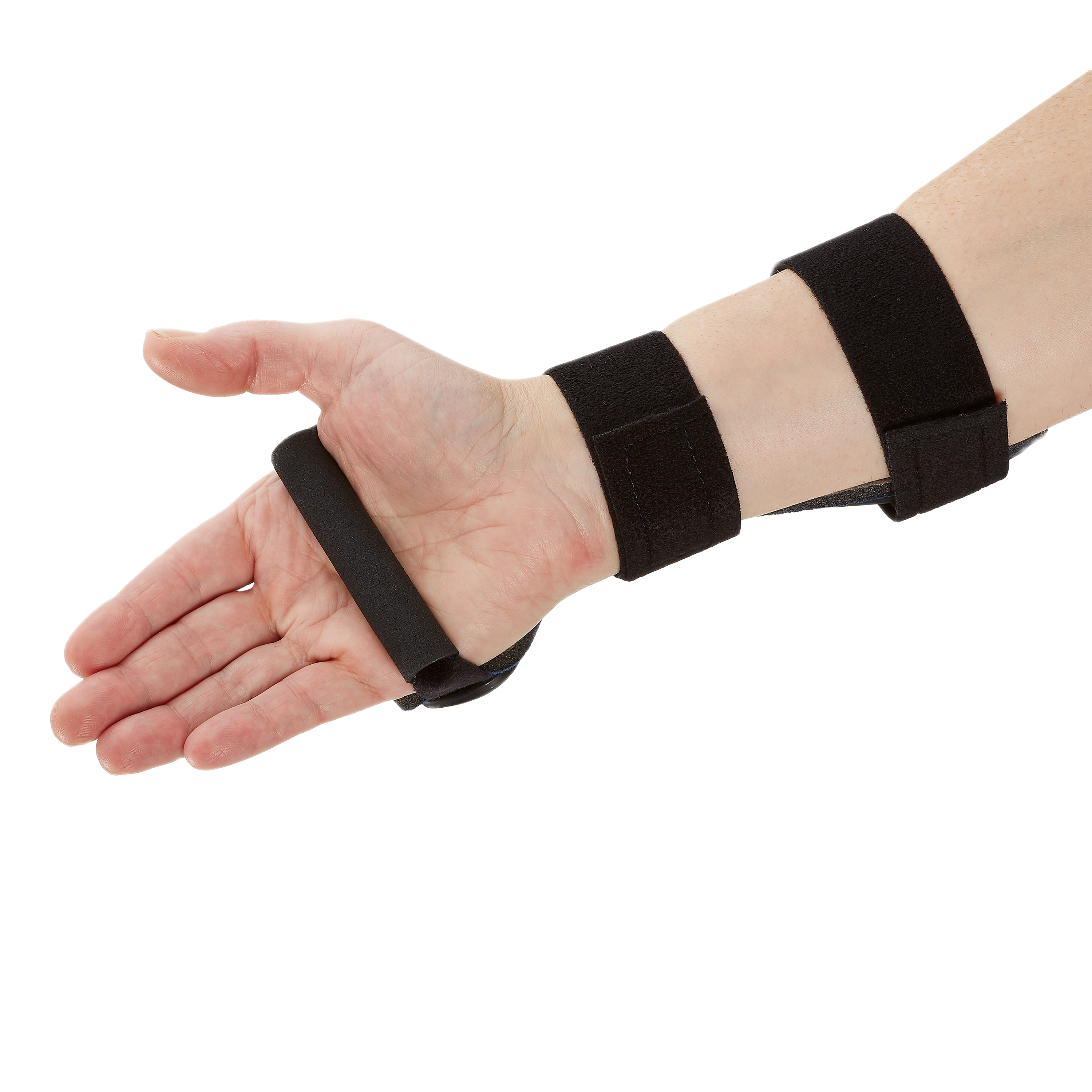 Black RCAI dorsal carpal tunnel splint with adjustable straps on wrist and forearm, medical-grade wrist support, made in the .
