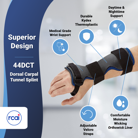 Black and gray RCAI dorsal carpal tunnel splint with adjustable Velcro straps on right wrist, medical-grade support, made in .