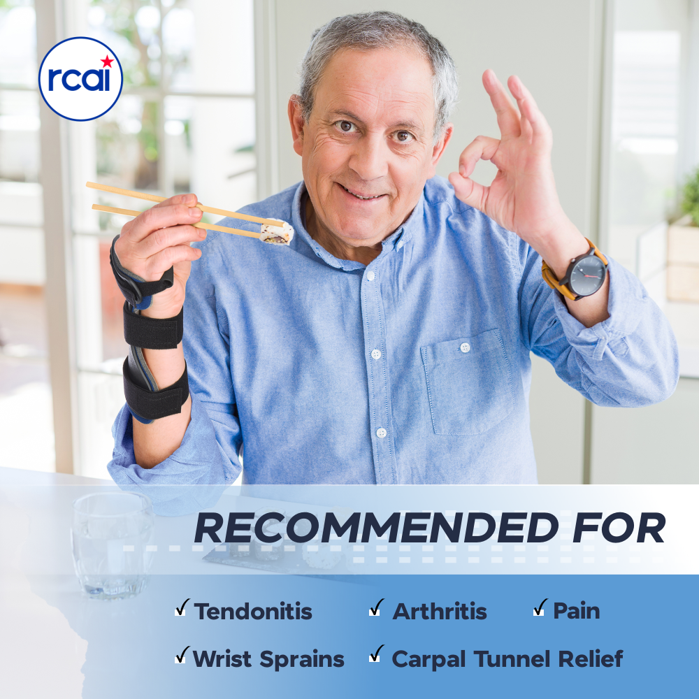 Man wearing black RCAI dorsal carpal tunnel splint on right wrist, smiling and gesturing OK, promotes best orthopedic braces .