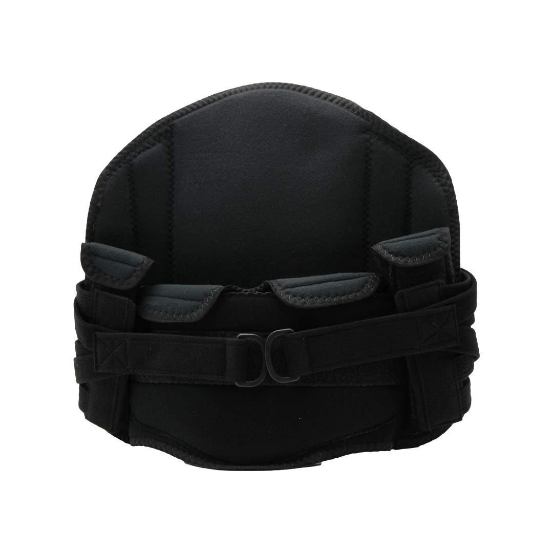 Black lumbar support belt with adjustable straps and hook-and-loop closures, sturdy padded design, made in the USA by RCAI,.