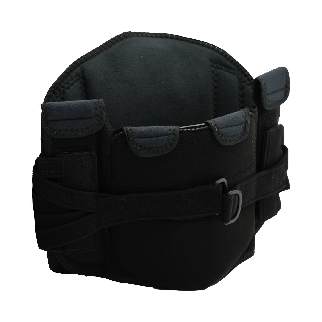Black RCAI LSO Short Front orthopedic brace with adjustable straps, padded design, and hook-and-loop closures, made in the.