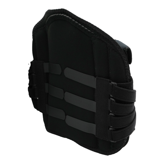 Black RCAI LSO Short Front orthopedic brace with adjustable horizontal straps and padded edges, made in the USA for B2B.