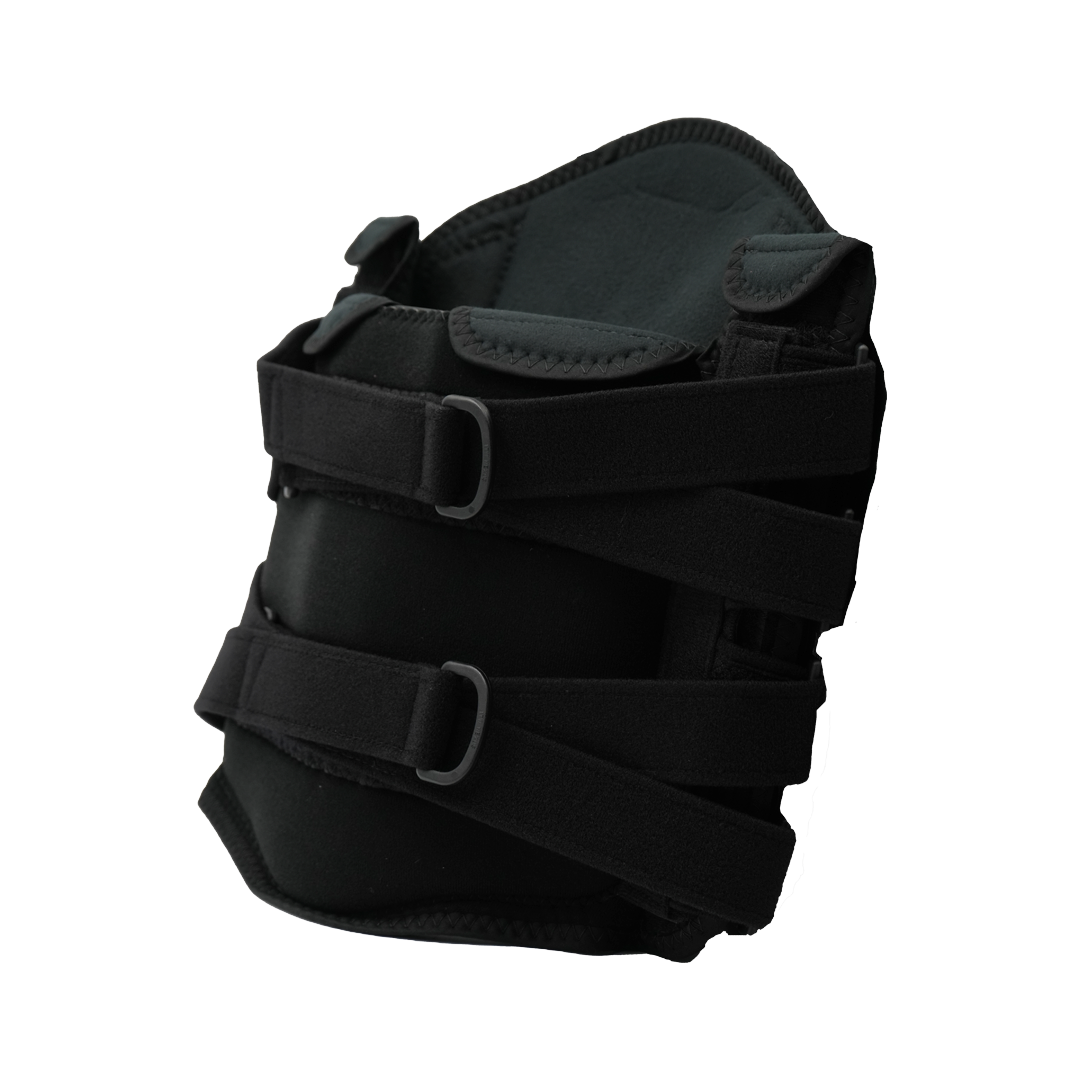 Black lumbar support orthotic brace with adjustable straps and buckle fasteners, made in the USA, RCAI best orthopedic brace .