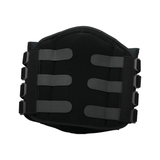 Black lumbar sacral orthotic brace with four adjustable gray straps and sturdy black material, made in the USA, RCAI, top.