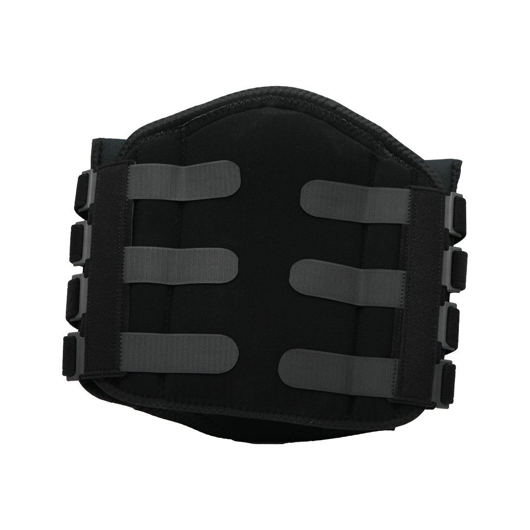 Black lumbar sacral orthotic brace with four adjustable gray straps and sturdy black material, made in the USA, RCAI, top.