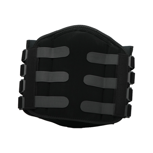 Black lumbar support brace with adjustable gray straps and hook-and-loop fasteners, made in the USA by RCAI, featured among.