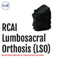 Black RCAI Lumbosacral Orthosis (LSO) brace with adjustable straps and secure buckle closures, made in the USA, designed for .