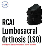 Black RCAI Lumbosacral Orthosis (LSO) back brace with adjustable straps, made in the USA, top-quality B2B orthopedics.