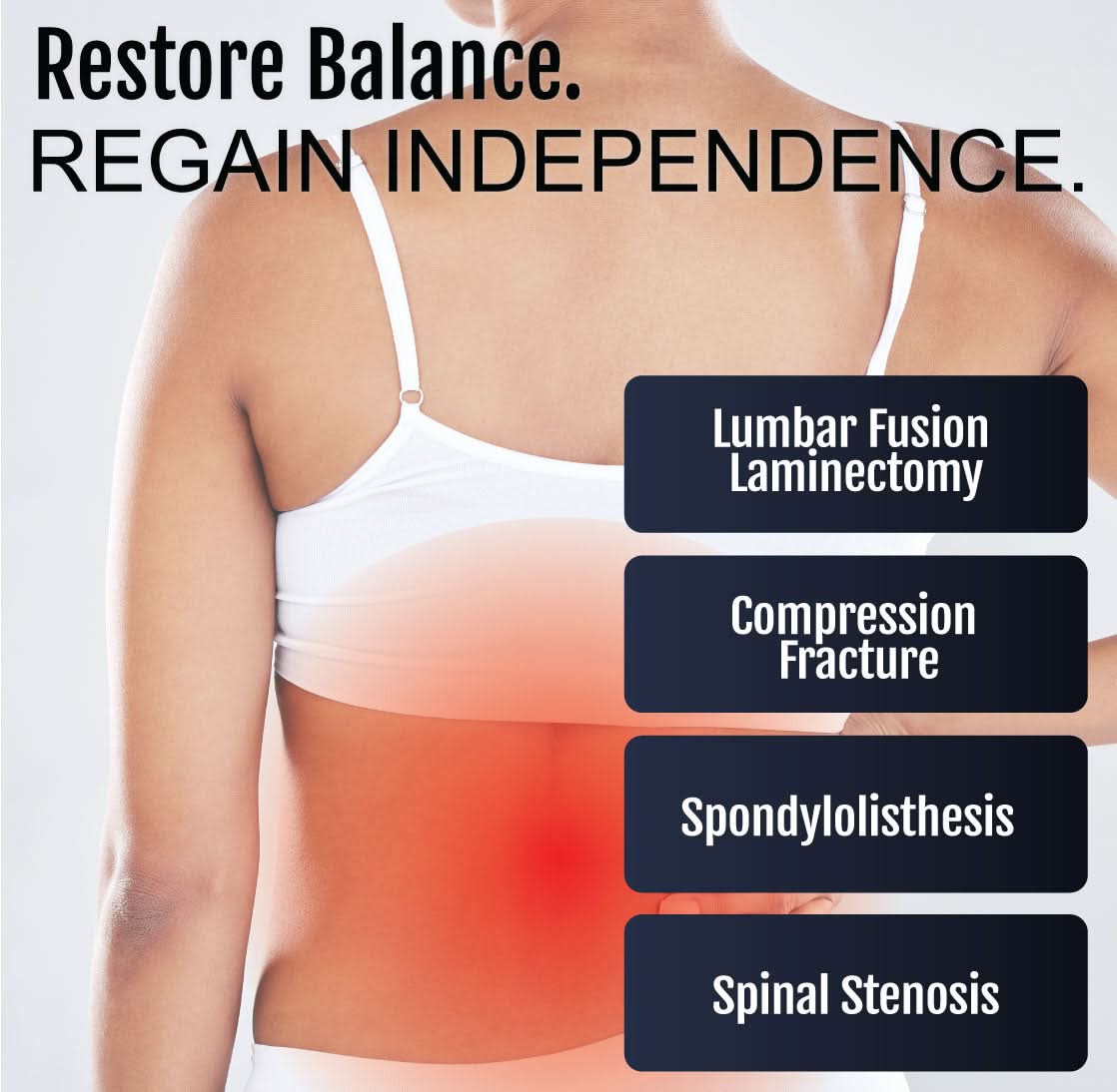 Woman wearing a white sports bra showing lower back highlighted in red, indicating lumbar pain areas for RCAI LSO, best.