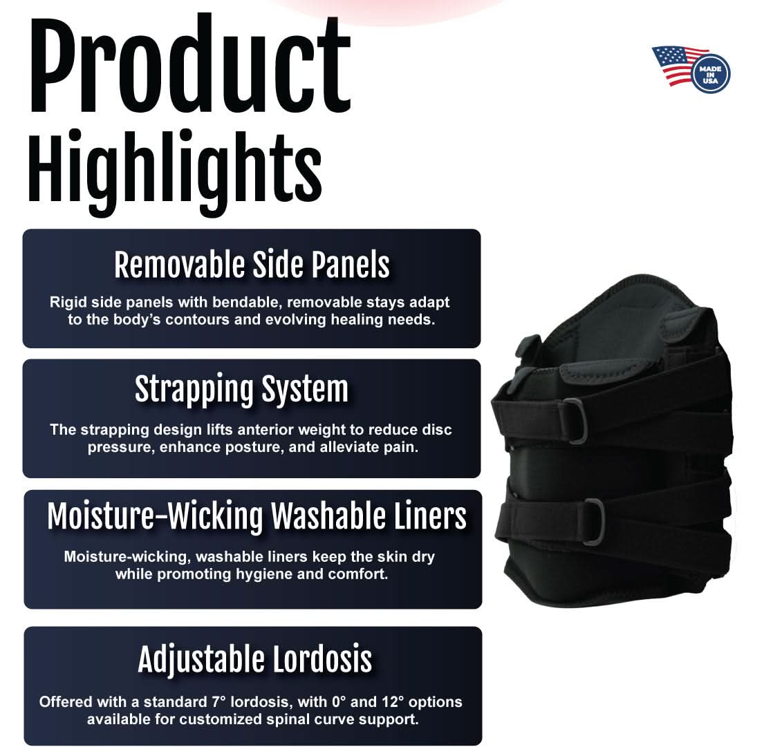 Black RCAI LSO orthopedic brace with removable side panels, adjustable strapping system, and moisture-wicking washable.