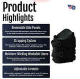 Black RCAI LSO orthopedic back brace with removable rigid side panels, adjustable strapping system, and moisture-wicking.