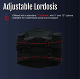 Black adjustable lumbar support brace with multiple padded straps and a contoured design, made in the USA by RCAI, top.